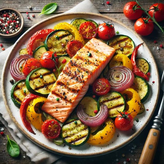 Grilled salmon with roasted vegetables