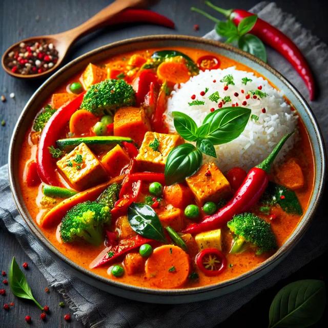 Spicy Thai curry with tofu and vegetables