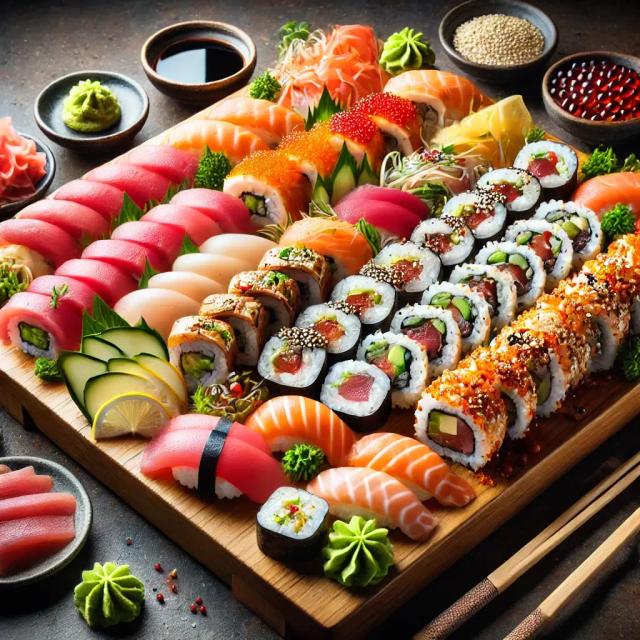 Sushi platter with various rolls and sashimi